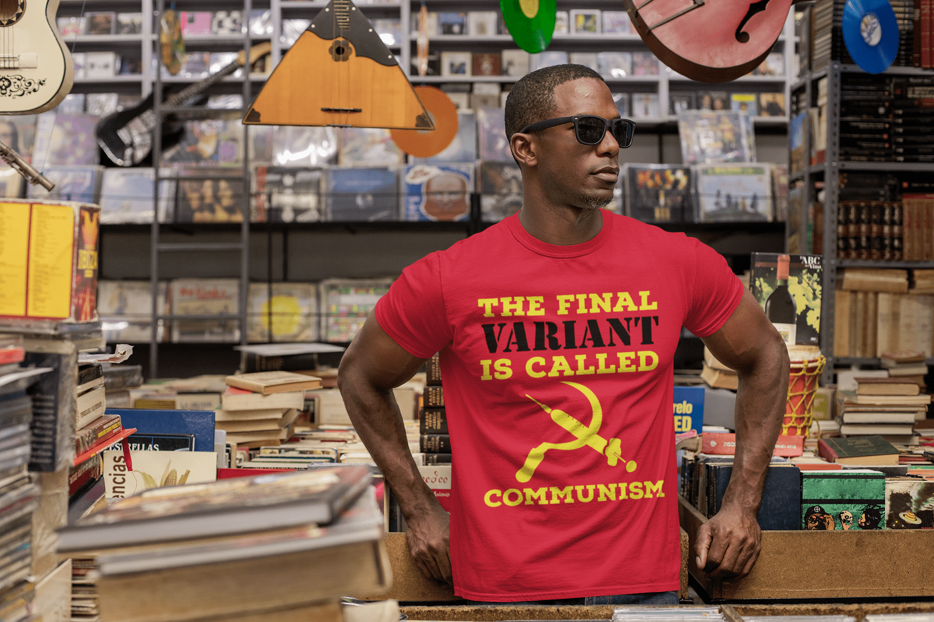 Communism Variant t-shirt-mockup-featuring-a-man-with-sunglasses-at-a-vintage-records-store-30452